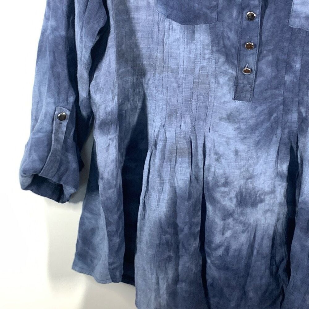 New Directions Womens Tie Dyed Split Neck Roll Tab Sleeve Blouse Blue Size XL - Picture 3 of 7